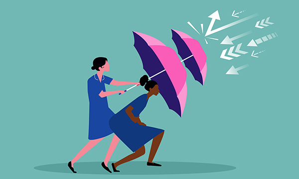 Illustration showing two nurses in uniform sheltering under a double umbrella, as arrows rain down on them, suggesting the nurses are under attack