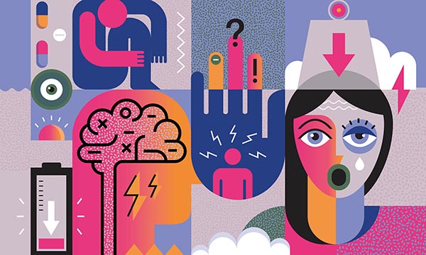 An illustration depicting a mental health crisis: images include a stressed face, with others depicting a low battery depicting burnout and a collapsed figure