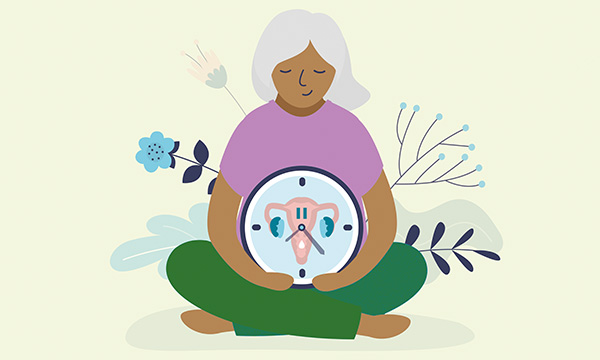 Illustration shows a woman with grey hair sitting cross-legged with a circular gynaecological clock in her lap  