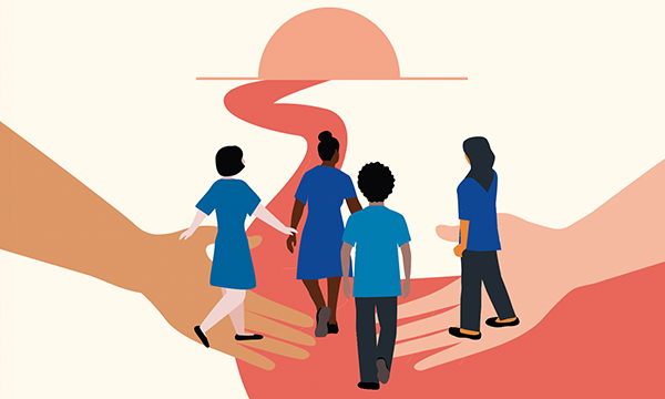 Illustration showing several nurses in uniform, seen from behind, walking along a winding pathway towards the words ‘nmc SIFE pathway’, with two large hands supporting them