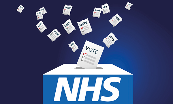 Illustration of nurses’ general election voting decisions show ballot papers flying down into a ballot box marked ‘NHS’