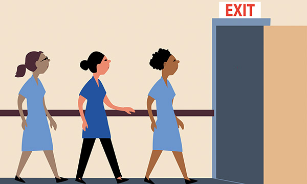 Illustration hsowing three nurses in uniform walking towards the exit door in a workplace, suggesting staff leaving their jobs