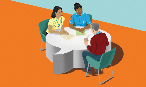 An illustration of a doctor and nurse looking concerned as they sit and listen to an older man who has a cup of tea in his hand 