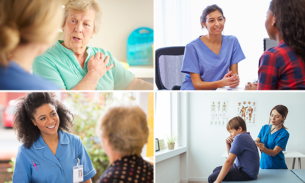 A montage of 4 different images, starting clockwise from top left: an older patient holds their shoulder as they discuss their symptoms with a nurse; a young patient talks to a nurse in a healthcare setting; a practice nurse uses a stethoscope to examine a young child’s back; and a district nurse is greeted by a patient at the door of their home&nbsp;