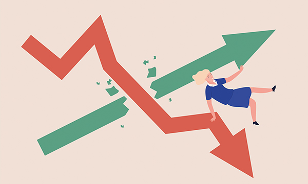 An illustration of a crooked red arrow crashing through a straight green arrow pointing upwards, knocking a cartoon nurse off her feet as it continues downwards 