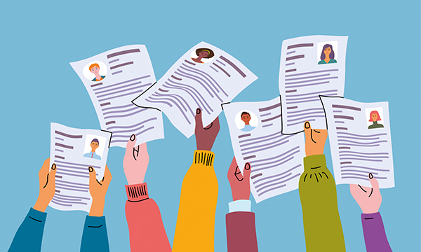 Illustration shows outstretched arms holding up individuals’ CVs, to show the importance to making your CV compelling