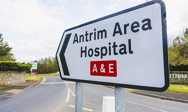 Photo of Antrim Area Hospital sign, where nurses working locally were targeted in a racist attack