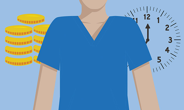 NHS backlog: nurse in scrubs with a coins and a clock behind them, suggesting extra hours worked and money earned through overtime shifts