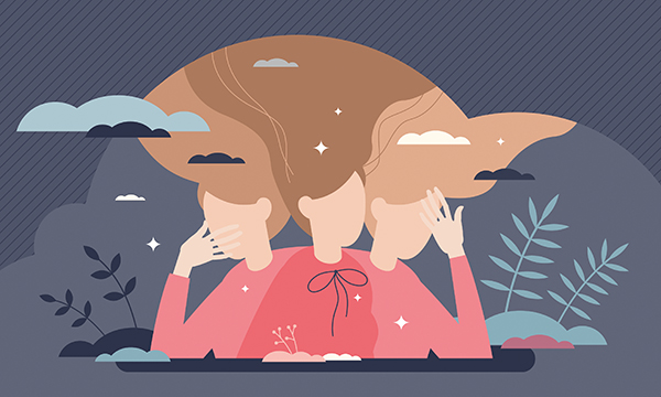 An illustration showing a woman with three heads and no facial features representing a struggle with self-image and mood experienced by people with borderline personality disorder