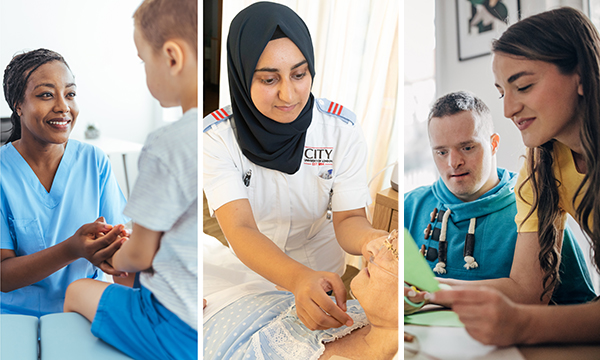 Montage of three images, from left: a smiling nursing student comforts a young child in a clinical setting; a nursing student attends to the needs of a patient at the bedside; and a nursing student is in conversation with a young person with learning disa