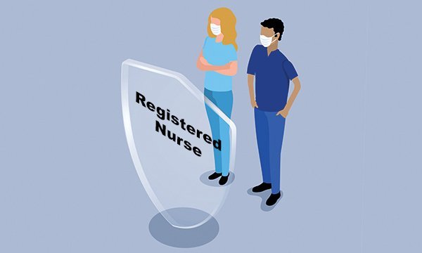 Registered nurse designation makes clear the holder’s professional status and NMC registration. Illustration ashows two people standing looking at a 'registered nurse' badge-style sign