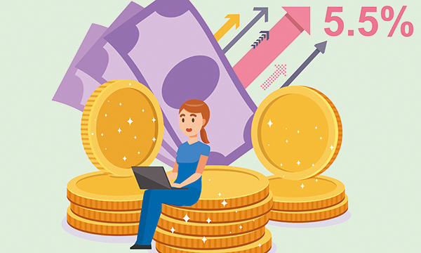 Image depicts a nurse sitting on a pile of coins with arrows pointing to a 5% figure in the background. The NHS Pay Review Body (RB) recommendation of a 5.5% pay rise has been accepted by the Welsh Government