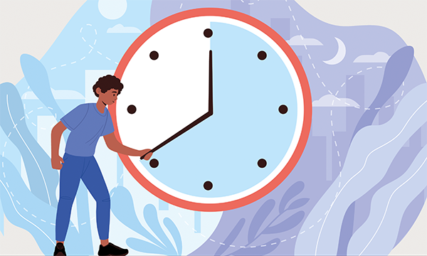 Rest breaks for nurses: illustration shows a nurse holding the minute hand of a giant clock to prevent it from moving, suggesting stopping time to take a break