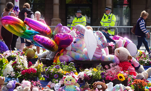 Traumatic incidents: flowers and tributes outside The Atkinson art centre in Southport following the 29 July knife attack in the town when three young girls were killed