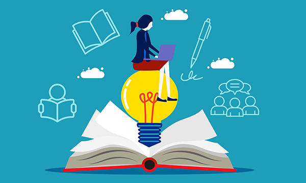 Individual learning styles: what suits you best? An illustration of a woman using a laptop sitting on top of a lightbulb that is springing out of an open book, illustrations indicating four different learning styles surround her 
