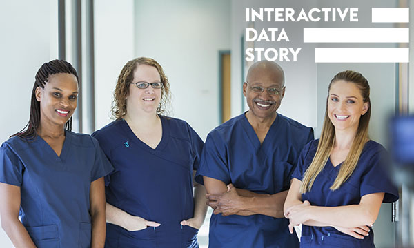 NMC-registered nursing professionals: registrants across the UK, represented by four nursing professionals in uniform standing in a hospital corridor