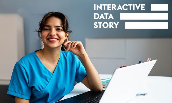 Internationally educated nurses essential to the NHS workforce, represented by a nurse of south-east Asian heritage smiling while working at a laptop