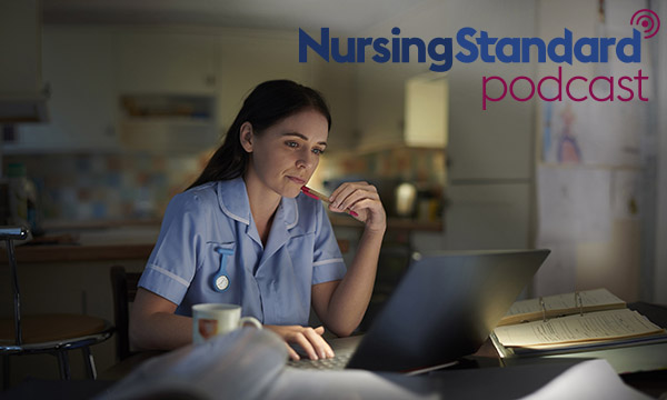 A nurse looking at a screen at the nurses' station in a darkened hospital at night. Shift work can affect nurses’ well-being due to its impact on home and social life, as well as diet and sleep.