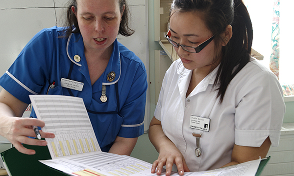 Learning how to deliver handover: a nursing student checking patient records with a senior nurse as part of the handover process