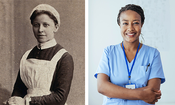 Nurse uniforms past and present: image of a nurse in uniform in the 19th century, alongside a recent image of a nurse in scrubs