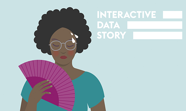 Managing menopause symptoms: illustration shows a female nurse experiencing a hot flush with sweat on her forehead as she tries to keep herself cool with a fan