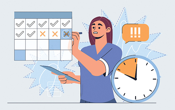 A worried looking nurse student blocks time off on a workplace calendar. Nursing students do not have an an allowance from the NMC to take compassionate leave