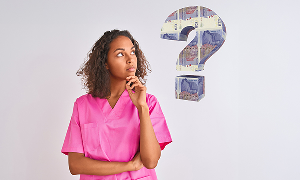 Nurse pay negotiations: a nurse contemplating an image hovering beside her of a large question mark made of bank notes