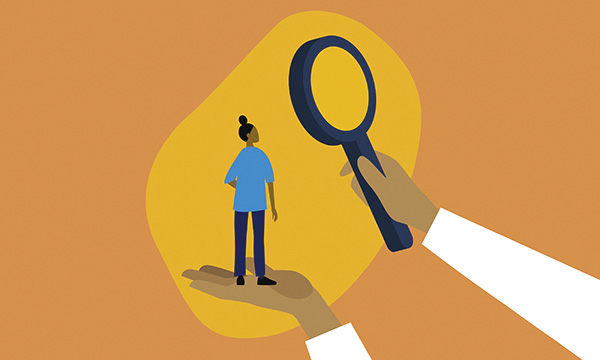 Nurse regulator role: illustration of a large hand holding a magnifying glass above a nurse caught in a spotlight, suggesting the NMC scrutinising what nurses do