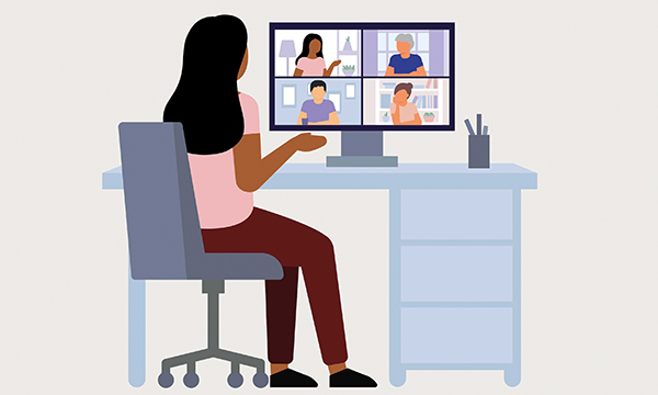 Remote working: illustration of a nurse sitting at a desk and working from home, participating in a video conference call