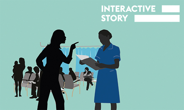 Violence against nurses at work: illustration of a patient or relative verbally abusing a nurse in a hospital waiting room and pointing their finger at the nurse