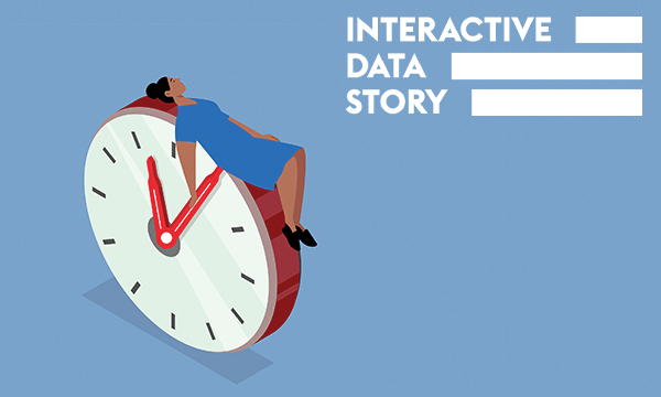 12-hour nursing shifts: exhausted looking nurse is drawn draped over a clock