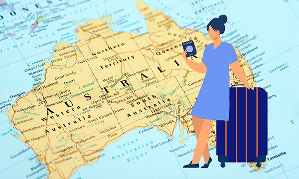 Nurses leaving to work abroad: illustration showing a nurse holding her passport and leaning on a suitcase, set against a large map of Australia on a partially-seen globe