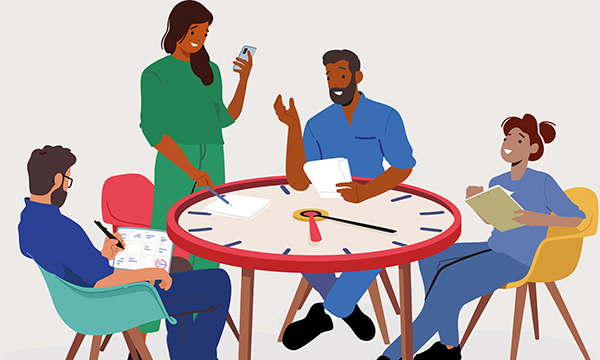 Flexible working for NHS staff: illustration showing four members of nursing staff around a clock-like table as they discuss and co-ordinate shifts