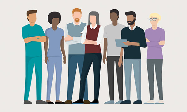 Mental health nurse uniforms: illustration showing seven nurses, five of them dressed casually, with two in standardised scrub uniforms