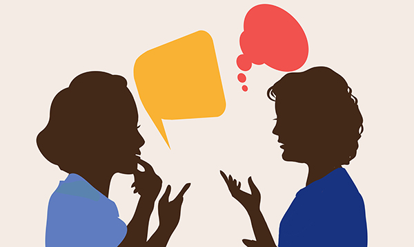 Reporting concerns in nursing: an illustration showing two nurses having a discussion with speech bubbles around their head