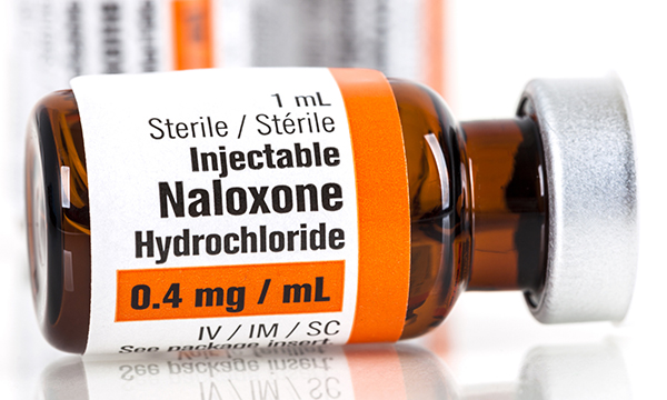 Phial of injectable naloxone, used to reverse the effects of opioid overdose pending further emergency care