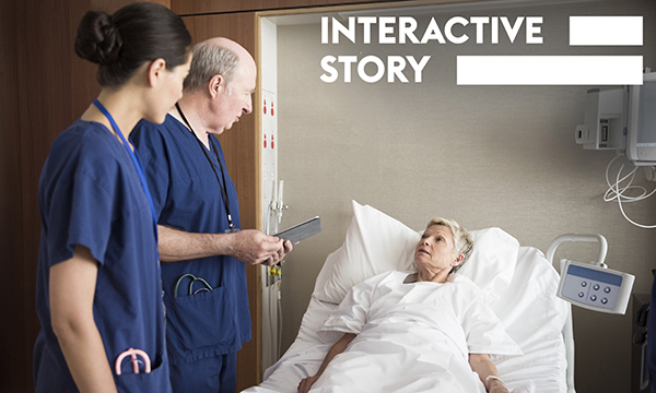 Leadership in advanced nursing practice: two advanced nurse practitioners stand by a patient's bedside talking to them