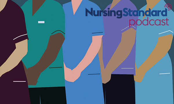 Illustration of different coloured NHS nursing uniforms, one topic discussed in the Nursing Standard podcast