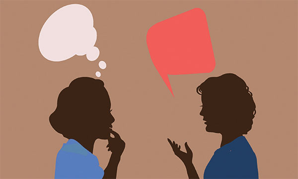 Illustration of two nurses, one receiving negative feedback from her manager and looking unsure