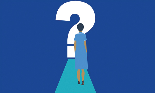 Illustration of a nurse pausing in front of a large question mark, symbolising a major decision