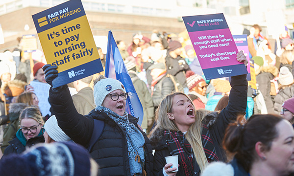 The RCN will open a consultation on the pay award for members on 9 June: nursing staff with banners picketing outside Northern General Hospital, in Sheffield, South Yorkshire, in 2023
