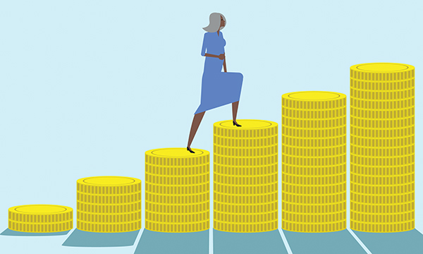 NHS pension opt-out: nurse figure climbs up stepped piles of coins