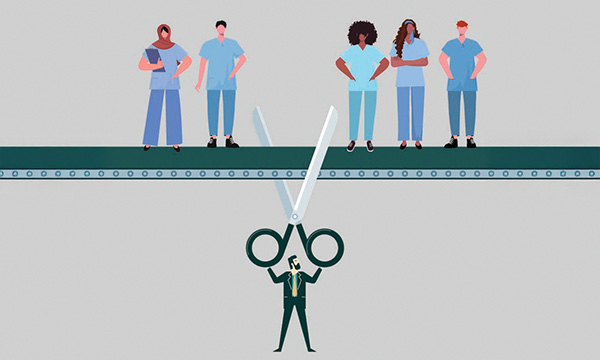 Senior nurse cuts: nurses stand in a line, divided by scissors wielded by a man in a suit, denoting budget cuts