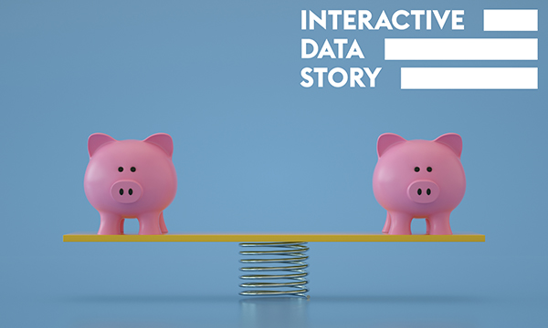 Weighing NHS and non-NHS pensions: two piggy banks sit on either end of a see-saw balancing on a spring