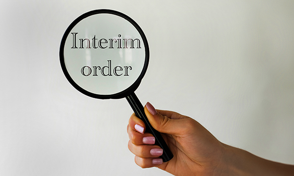 Hand holding magnifying glass over the words 'Interim Order'