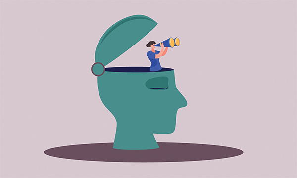 Nursing professional curiosity: illustration of a large green open head with a nurse standing inside the open head holding a pair of exaggerated binoculars