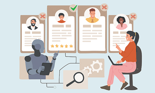 AI for nursing job applications: illustration showing a person and an AI robot reviewing candidates CVs