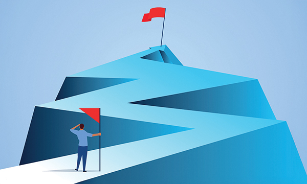 Career development for overseas-educated nurses: male figure at bottom of stylised mountain, viewing path to summit