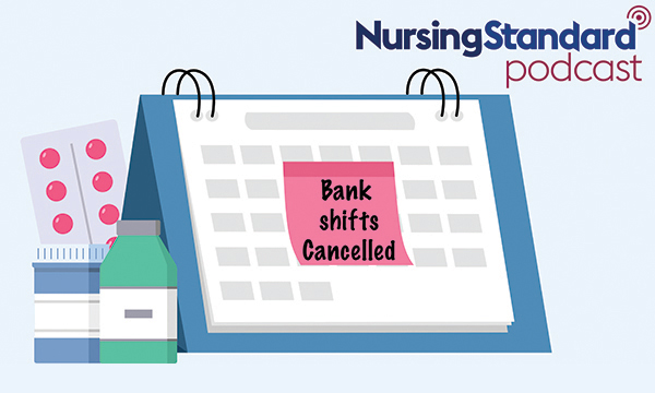 Illustration of calendar with the words 'bank shift cancelled' and 'Nursing Standard podcast'