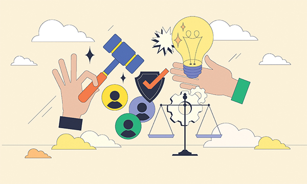 Design representing facets of research, including scales for balance and a lightbulb denoting new ideas. Ethical approval is an opportunity to refine your research design and strengthen the quality, credibility and impact of your study.